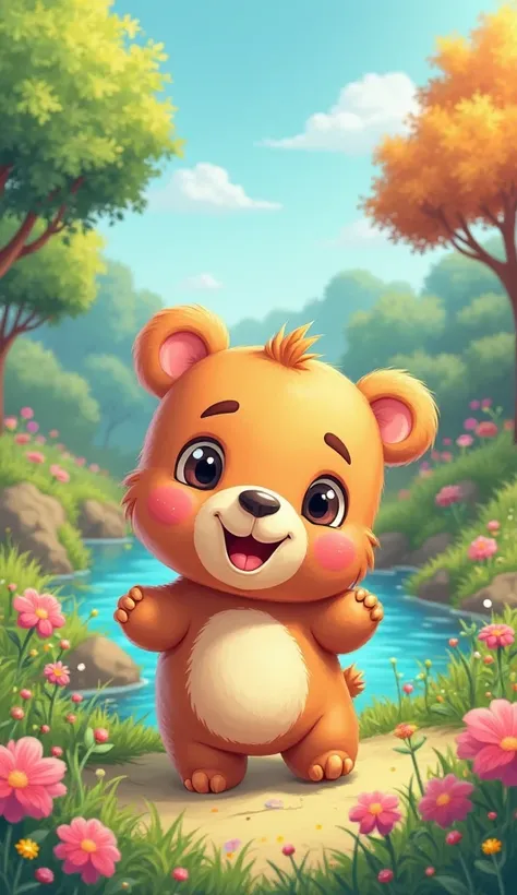 A cartoon baby bear background colourful park