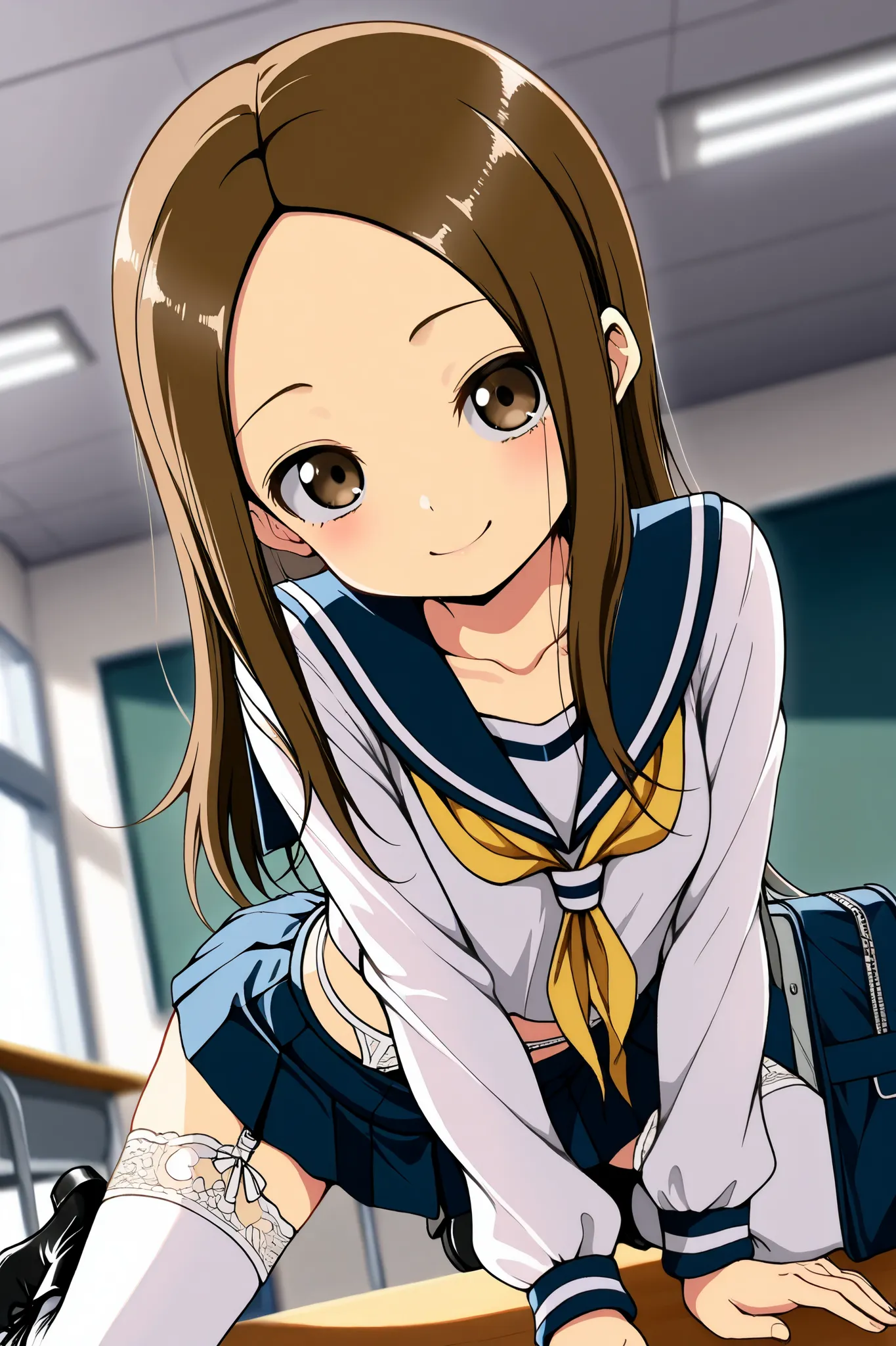 reia_kosu,1 female,solo,pretty,
takagi_san,

medium long hair,brown hair,split bangs,
brown eyes,collarbone,smile,
look at viewers,

brown eyes,big eyes,slant eyes,sleepy eyes,long eyelashes,

back,crawling on all fours,low angle,
from side,

extreme close...