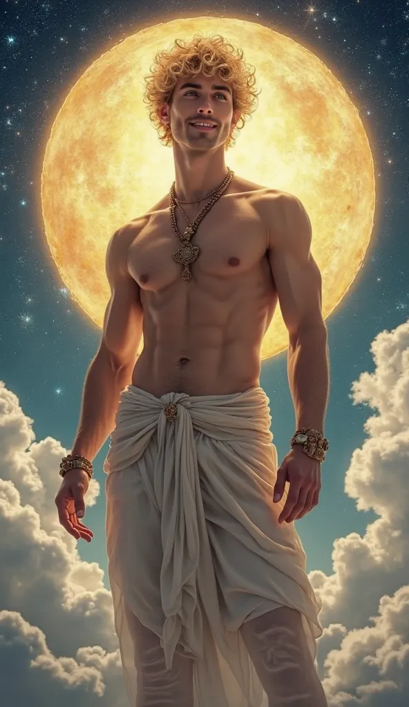 Beautiful and young man of 25, Appearance of an Hindu god,  curly blonde hair ,  blue eyes , Standing between the clouds and the stars, showing off his muscular body,   tight clothing, prominent lump in your crotch,  a golden disc behind his head,  smile, ...