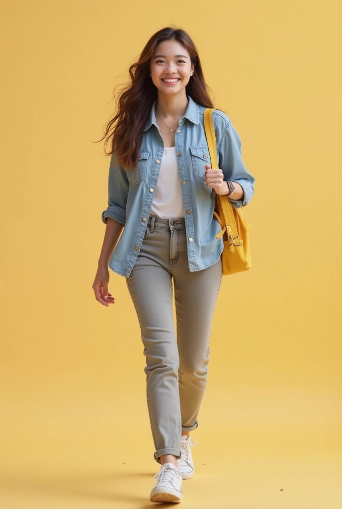 Create a high-resolution (4K quality) realistic image of a young college girl walking against a solid color background.The girl should be depicted in a side view and full view, showcasing her wearing a casual outfit consisting of a shirt, pants, and carryi...