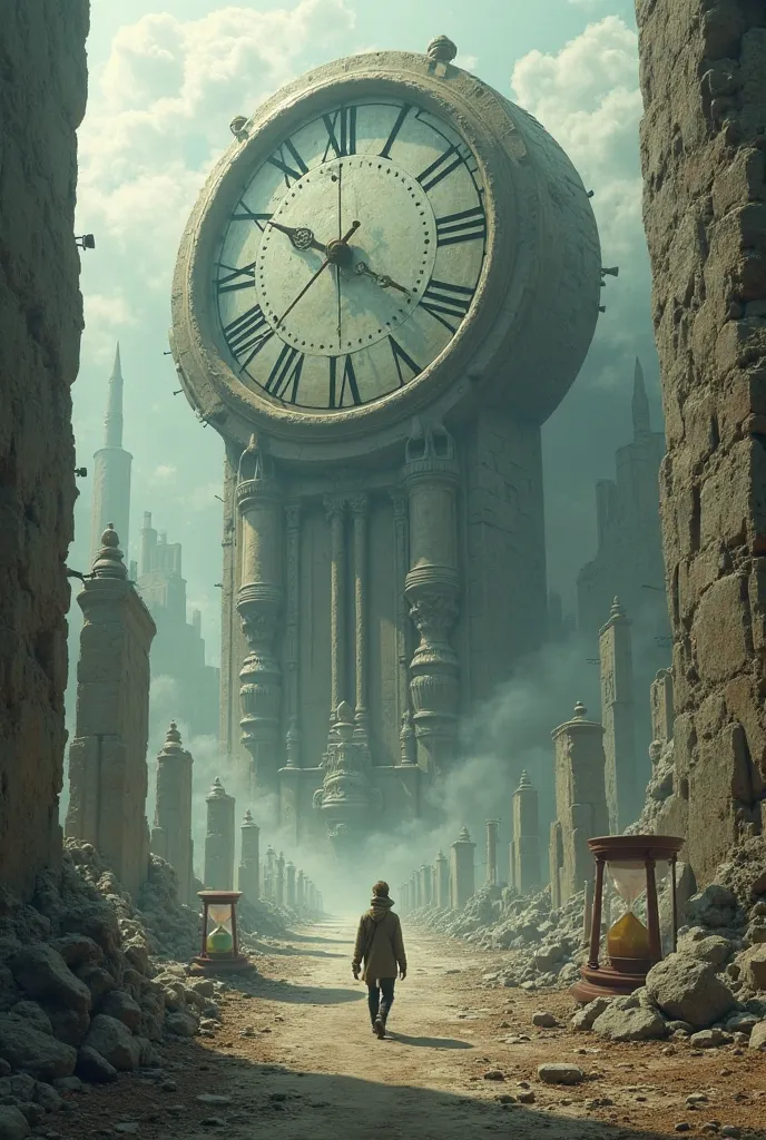 A giant broken clock the hours go a long way and enough hourglasses and walls all around and a man walking towards the giant clock 