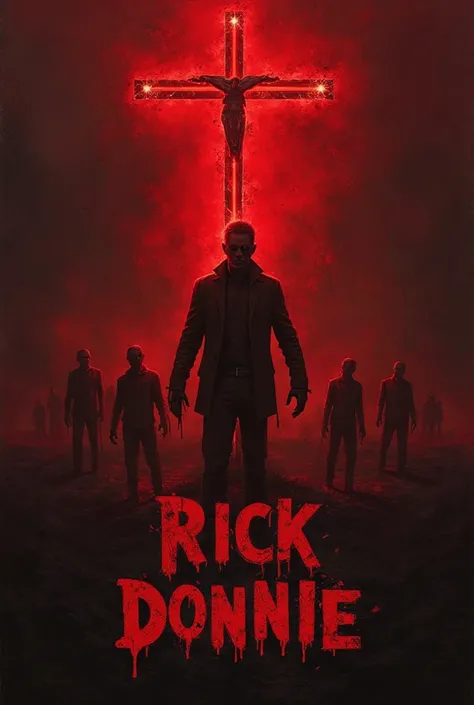 Write down RICK DONNIE on a horrified Images with the color red showing cross and Zombies.