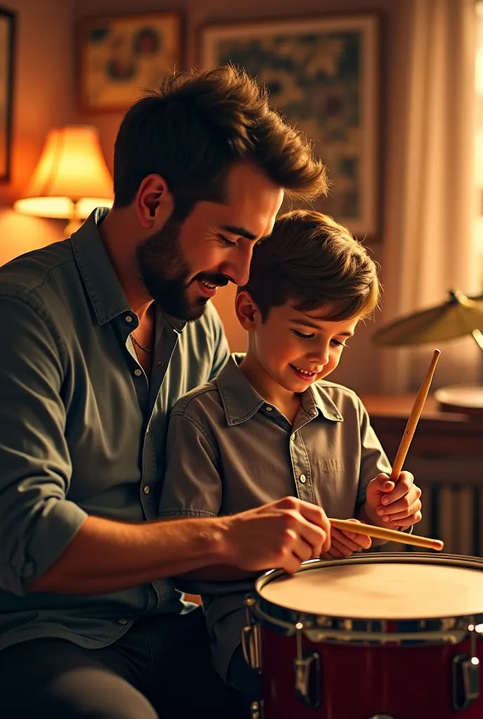 Father teaches son to play drums