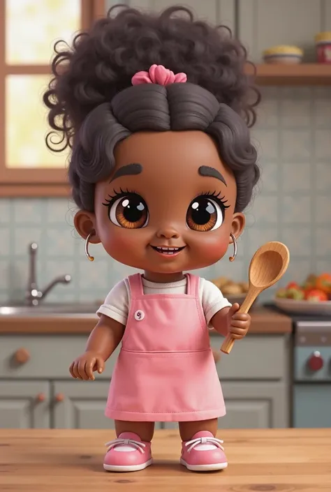 Create an image of an illustration of a cute doll with Afro-Brazilian features, chubby character. She has brown skin, straight hair with a voluminous dark ponytail, and is dressed in a light pink apron over a pink and white dress. The doll holds a wooden s...