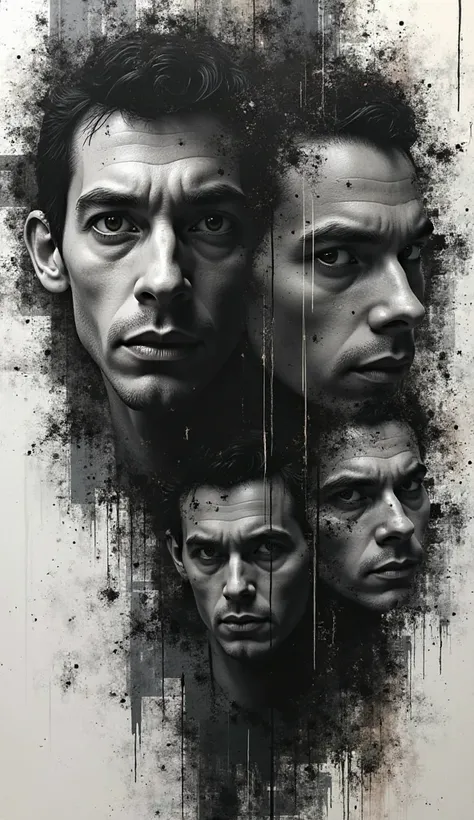  generates a disc cover, 4 male human faces . photoshop. chaos.  black and white . Collage