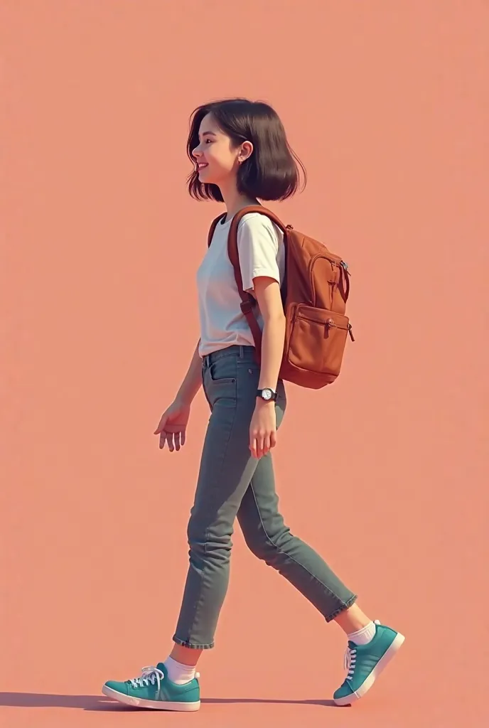 Create a high-resolution (4K quality) realistic image of a young college girl walking against a solid color background.The girl should be depicted in a side view and full view, showcasing her wearing a casual outfit consisting of a shirt, pants, and carryi...