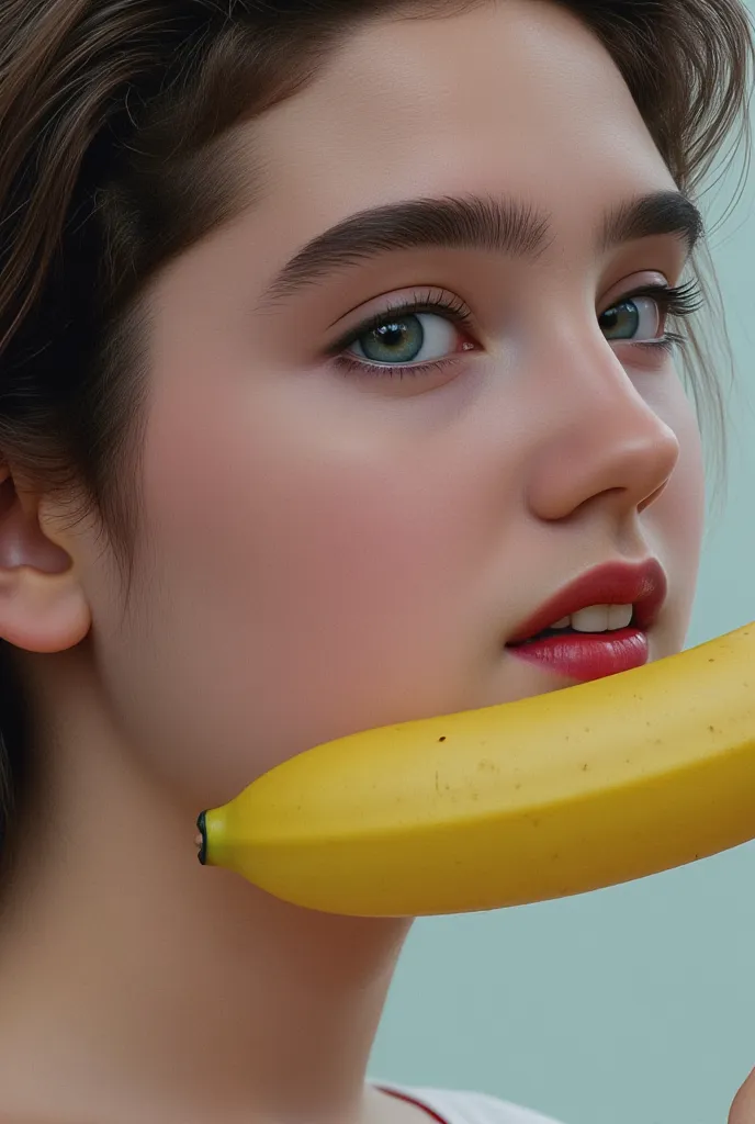 Beautiful Girl Looking Around、 holding a banana in your mouth、