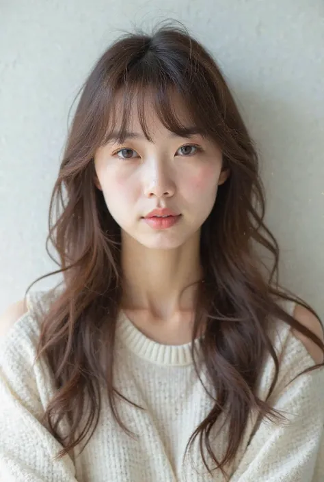 Salon Styling、 photo style 、30th Generation、beautiful Japanese woman、brown hair、long hair、 white wall background、natural makeup、 shiny hair、bangs、casual fashion、 hide your chest