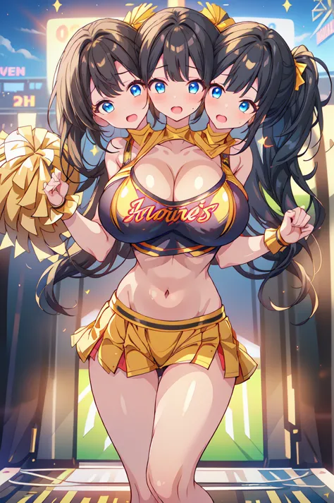 (masterpiece, best quality), best resolution, (3heads:1.5), 1girl, cheerleader, black hair, blue eyes, open mouth, energetic, cheery, black and gold cheerleader outfit, cheering pose, huge breasts, football stadium, night, navel, exposed midriff, showing o...