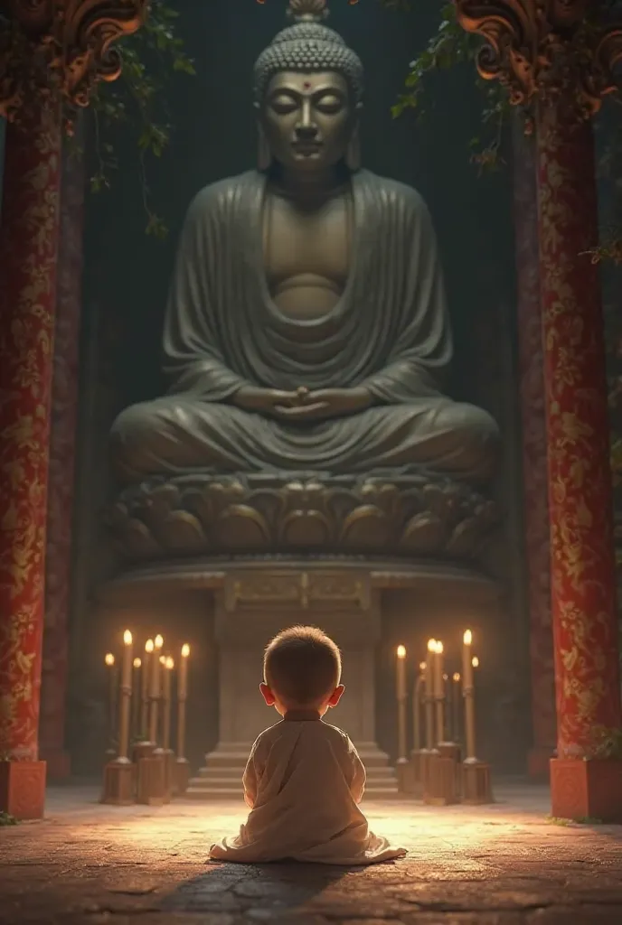 The baby is bowing before the Buddha