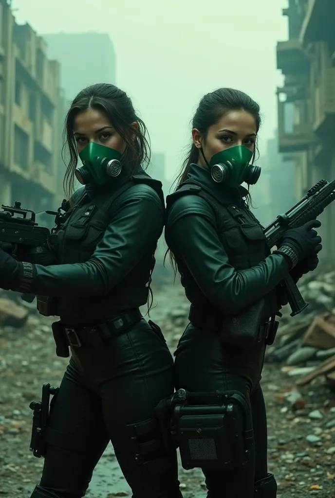 A realistic scenario with two women wearing green gas masks and black clothes with pistols.