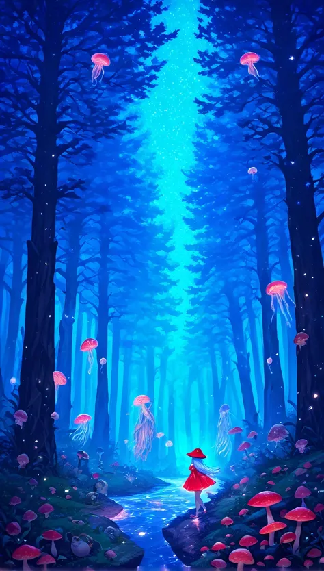 red jellyfish,jellyfishforest, 1girl, long hair, dress, solo, white hair,red hat,mushroom, nature, outdoors, tree, walking, forest, water