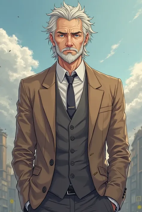 Make an anime character light brown, with beard, skinny,  of middle age, Wearing a costume banging another anime character with gray hair,  of middle age,  medium length hair, skinny y tambien con traje