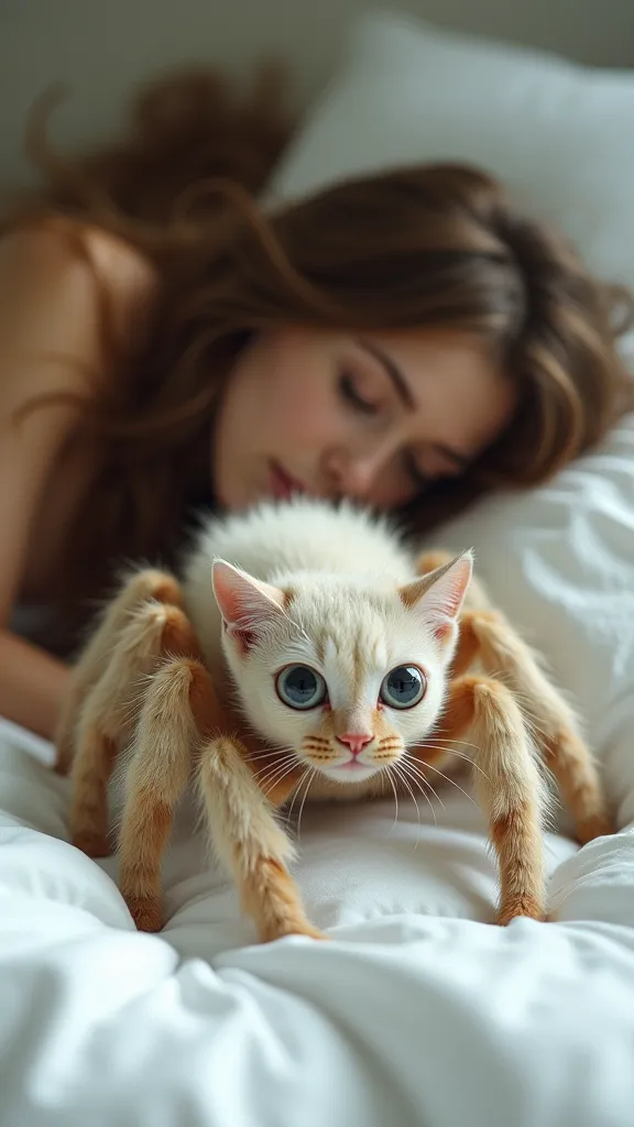 A white cat with the body of a hairy brown crab spider with large legs walking on a white sheet close to the hair of a sleeping woman 