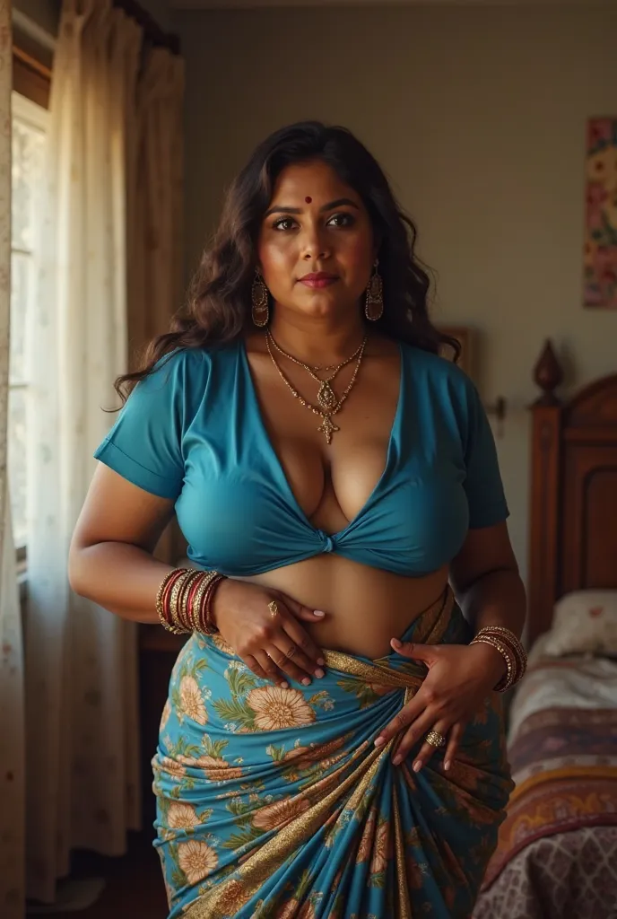 A confident and seductive Indian desi bhabhi with big , wearing a blue blouse undressing and removing her blouse in an intimate Asian messy bedroom photorealistic , realistic, real life , curvy woman , chubby , traditional Indian clothes , bangles in hand ...