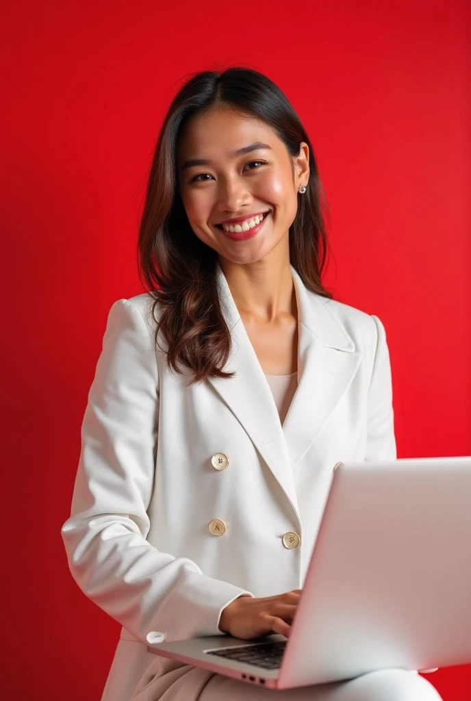 An 18-year-old Indonesian professional, dressed in stylish white attire, works on her laptop, smiling warmly at the camera. wide shot. isolated red background