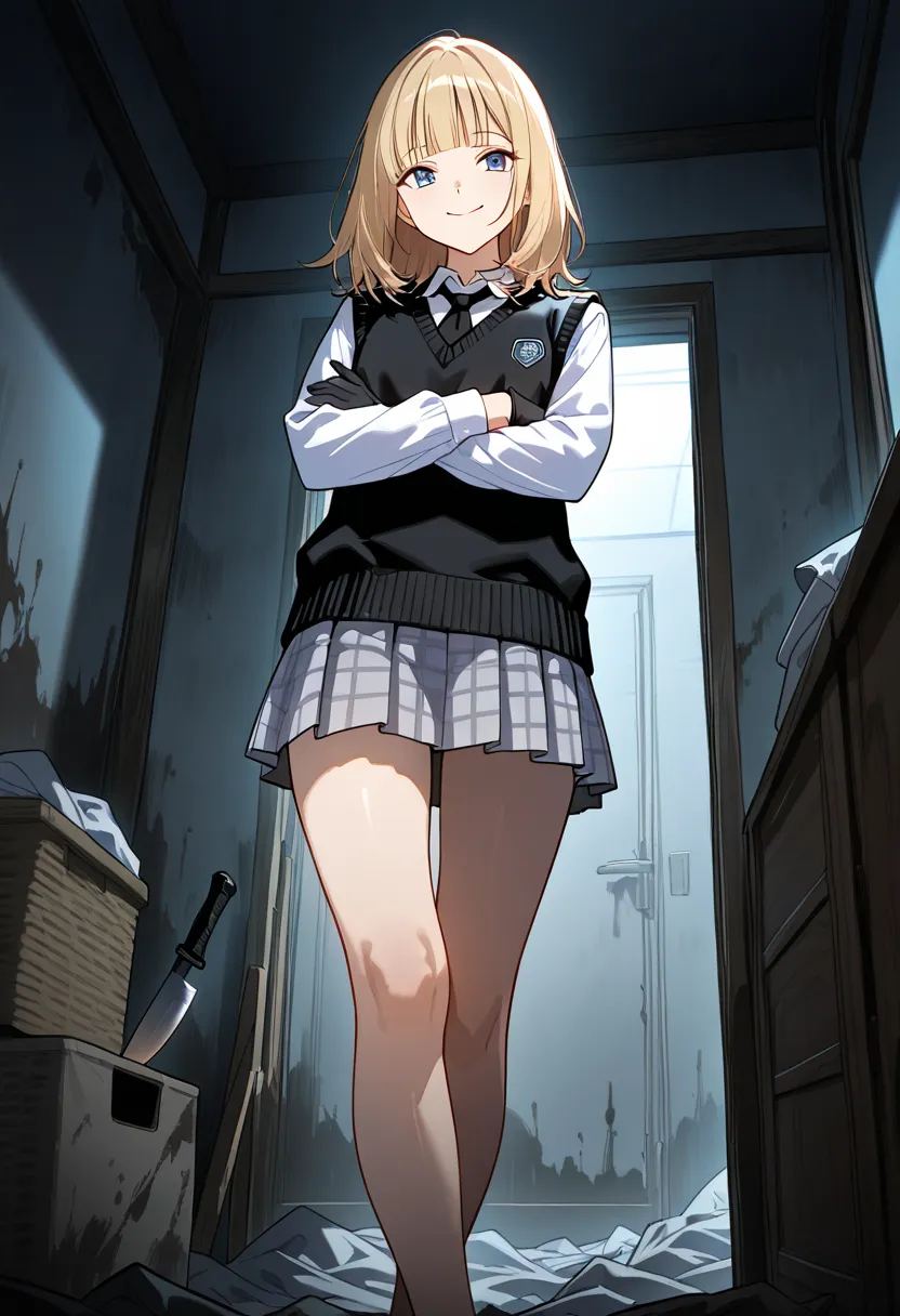 solo, alone, blue eyes, blonde hair, blunt bangs,black glove, dirty house room, long sleeves, night background , white shirt , black sweater vest, knife, gray checkered pleated skirt, gray miniskirt, bare legs , standing, front view, black tie, smile, legs...