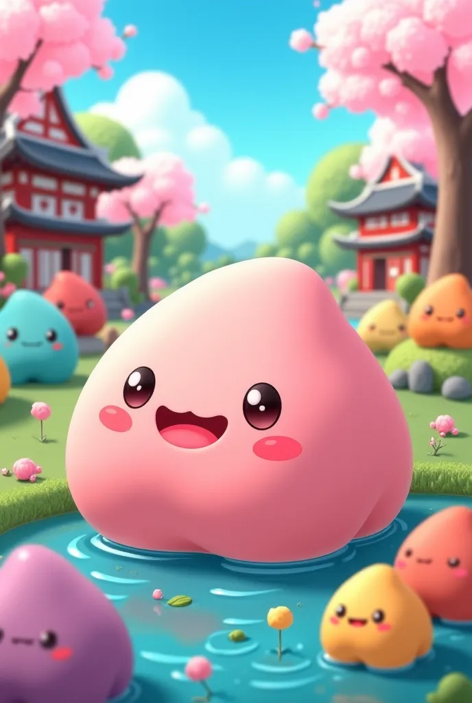 Create a pink mochi ai cartoon character together with other colored mochi the setting should be in japan