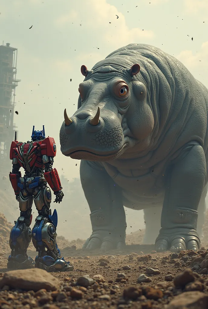 Hippo standing face to face with Optimus prime 