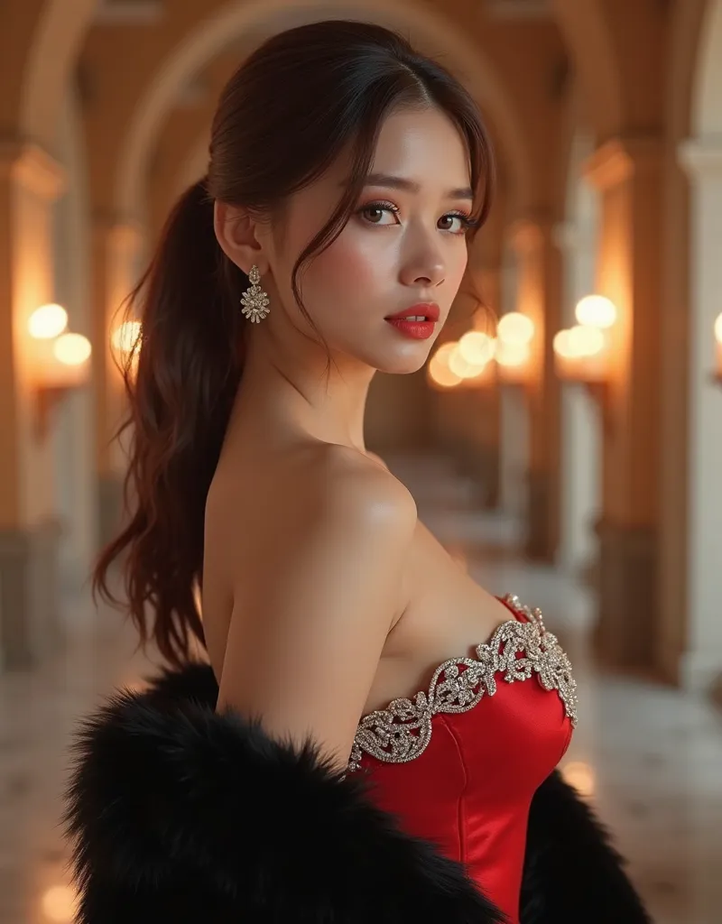 Realistic version. Attractive Russian girl, with a thin face and eternal beauty. Brown hair (elegant ponytail), brown eyes (light brown), blushed cheeks, and red lips. Sexy dress (diamond-encrusted, elegant design), red color. Shawl (furry coat on top, bla...