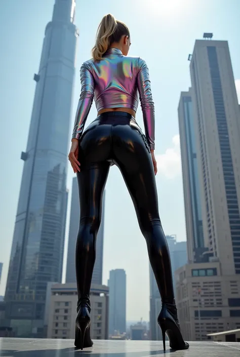 M1K4YL4, 35 years slim tall woman wearing black leather hotpants Short and black thigh high Nylon stockings, wearing a holographic wetlook shiny shirt , black high heels , giant breasts, light blonde pony tail, standing on the roof of a skyscraper with wid...