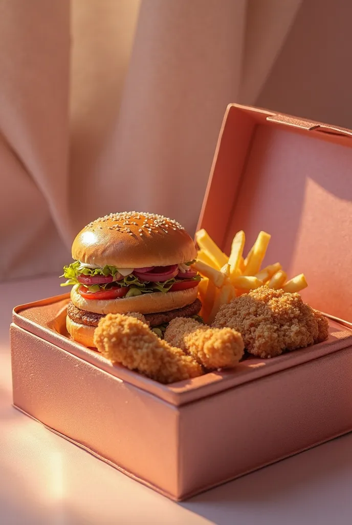 A gift box with 4 divisions, one of eternal roses, One for 2 hamburgers 1 for French fries and 1 for chicken fingers 