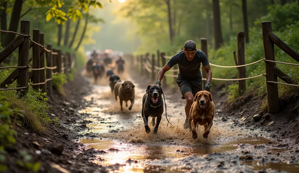 A rugged outdoor obstacle course set in a lush green forest, designed for both humans and dogs. The ground is wet and muddy, with puddles reflecting the soft golden sunlight filtering through the trees. Wooden barriers, rope climbs, tunnels, and balance be...