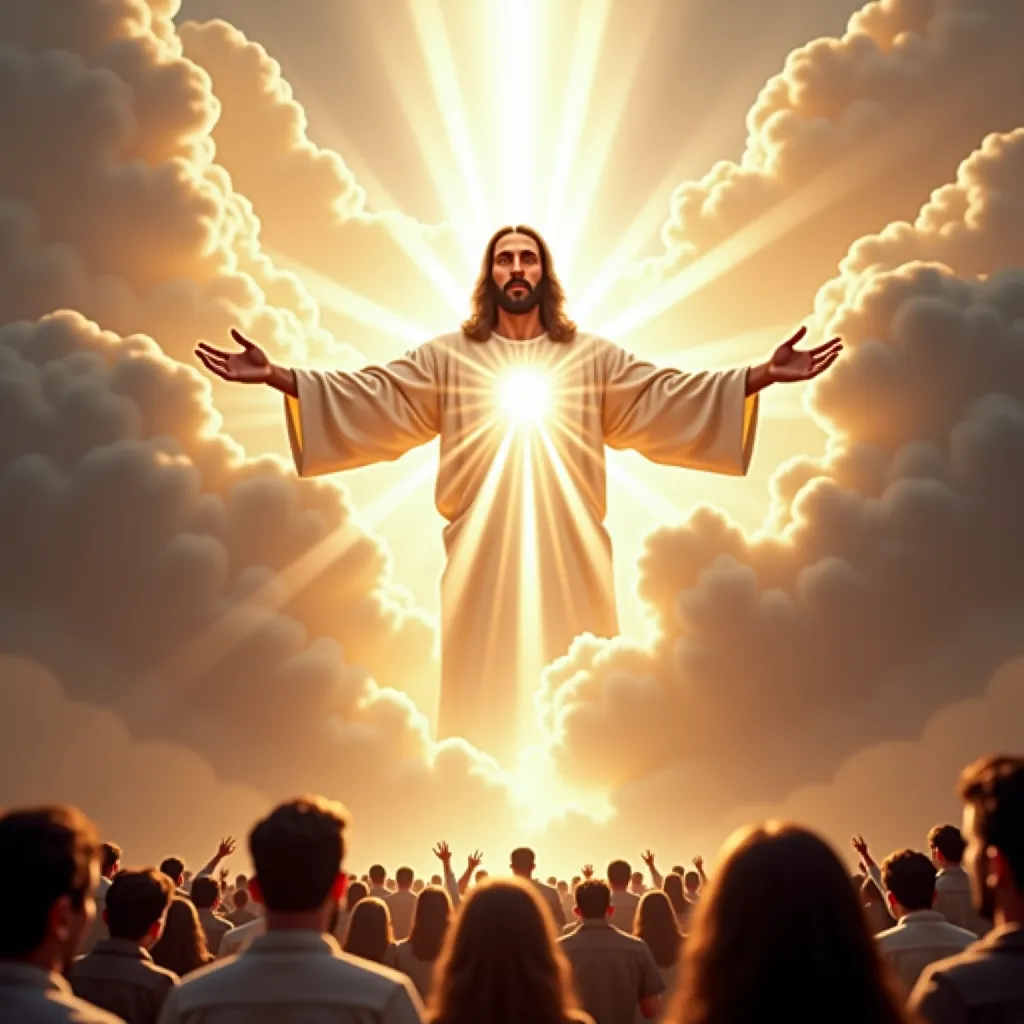 Create a realistic and breathtaking image of Jesus Christ returning in the clouds, as described in the Book of Revelation. He should be surrounded by intense celestial light, radiating power and glory. His face should convey majesty, justice, and divine au...