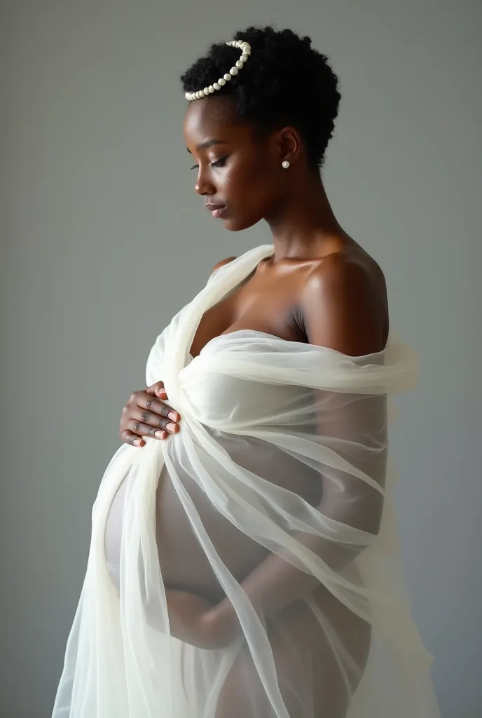 High-resolution studio shot of a Black pregnant woman with a honey-toned complexion, her body appearing as if sculpted from smooth white marble. Her skin is dusted with a fine shimmer, catching the light beautifully. She is wrapped in a translucent fabric ...