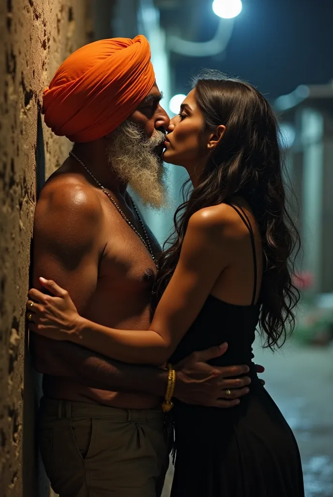 A sensual photo of a an obese, Sikh Grandpa is an orange turban kissing a woman and pressing her against the wall. The woman is young, tall, beautiful, sexy, dark brown skin, wavy hair, south indian woman in a short black dress. They are kissing at night, ...