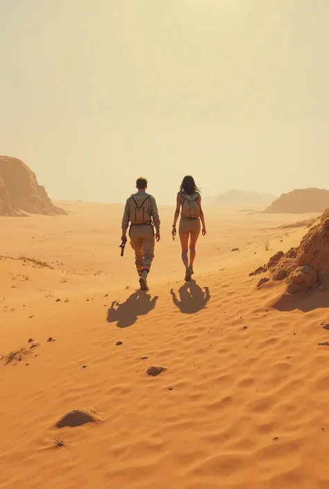 Two persons were walking in the desert