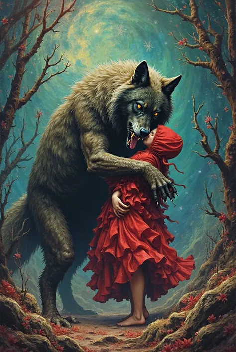 Symbolism, surrealism, psychedelic, wolf wolfing down little red hiding hood