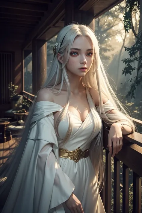 A stunning girl with long white hair.,  light leather balcony, and red eyes, In a forest with cinematic lighting, dark and dimly lit. She is wearing a white dress with golden highlights..,  Her eyes focused , Looking at the spectator. Her skin is fair, Her...