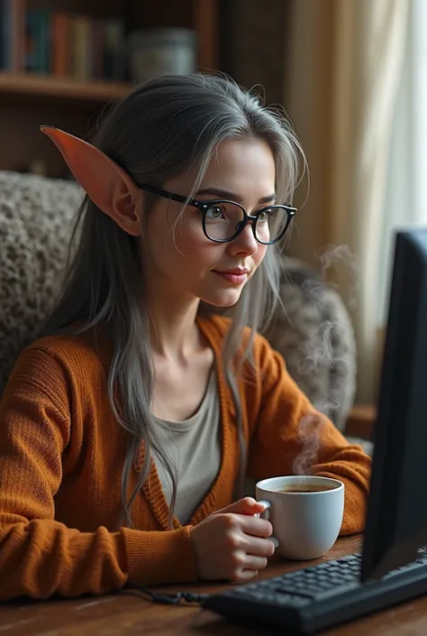 Realism adult elf girl plays video games at home wearing glasses and drinking coffee 