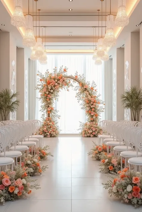 A elegant modern wedding hall with white chairs, a floral arch altar, and crystal chandeliers, aerial view, soft lighting, realistic, 8k