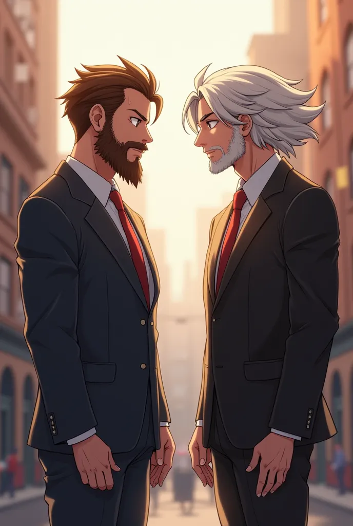 Make an image of a fight between two anime characters, Let one be light brown, with beard, skinny,  of middle age, With a suit and let the other one be with gray hair,  of middle age, medium length hair, skinny y tambien con traje