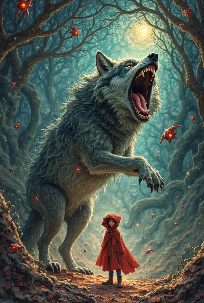 Symbolism, surrealism, psychedelic, wolf eating little red hiding hood