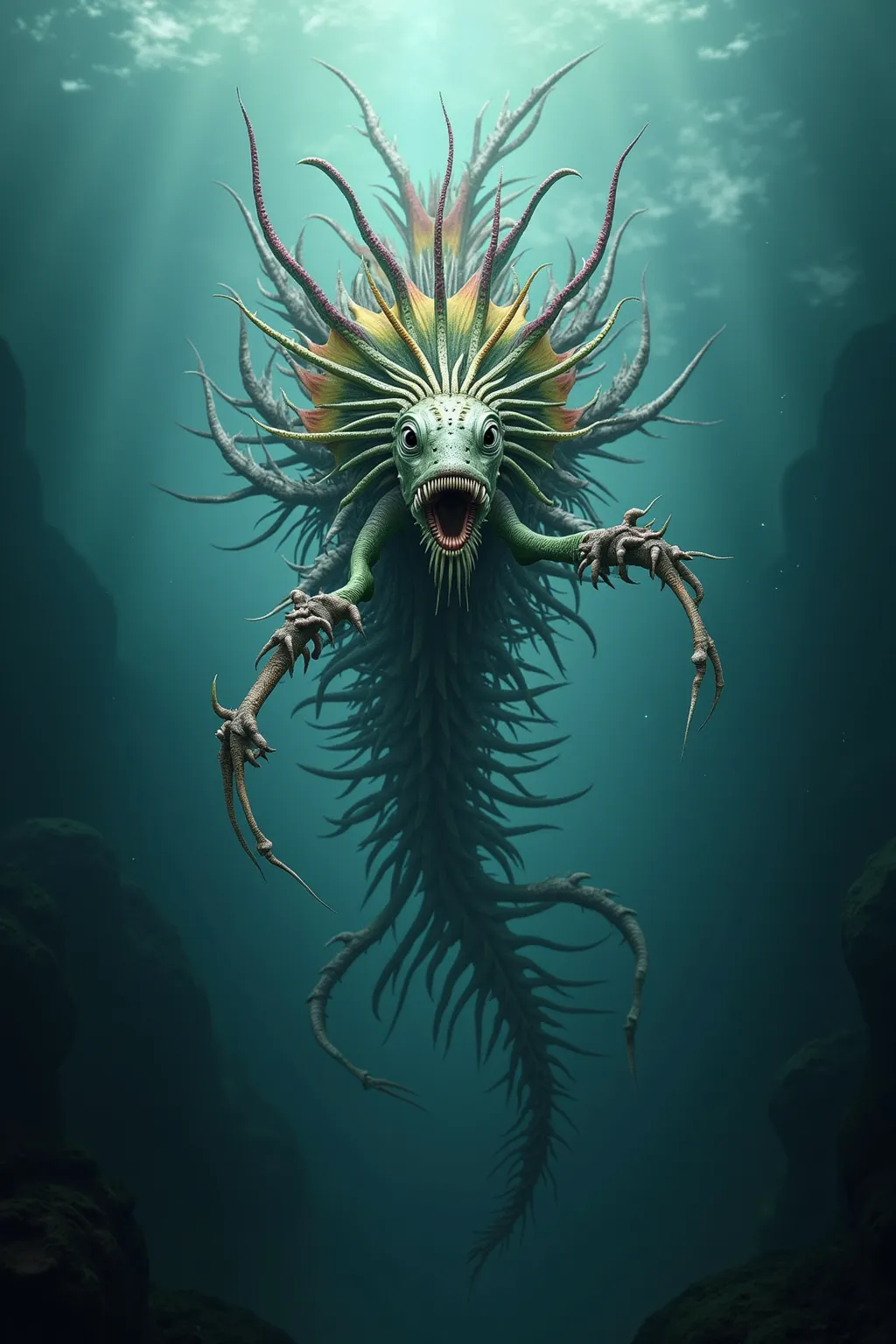 an eldritch fish woman f extreme beauty, extremely colorful,  many delicate fins, spines, large eyes, murder maw, sharp claws, lovely underwater terror