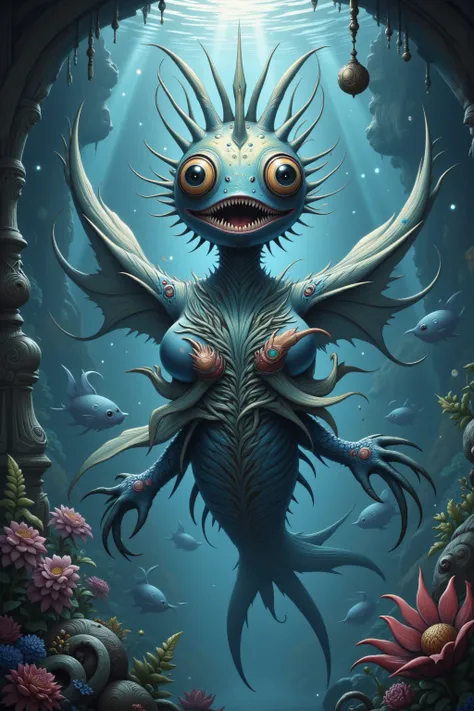 an eldritch fish woman f extreme beauty, extremely colorful,  many delicate fins, spines, large eyes, murder maw, sharp claws, lovely underwater terror