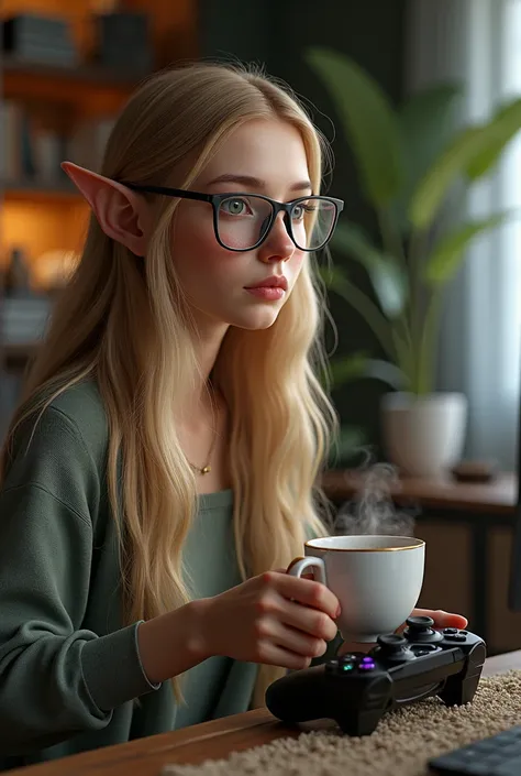 Realism adult blonde elf girl plays video games at home wearing glasses and drinking coffee 