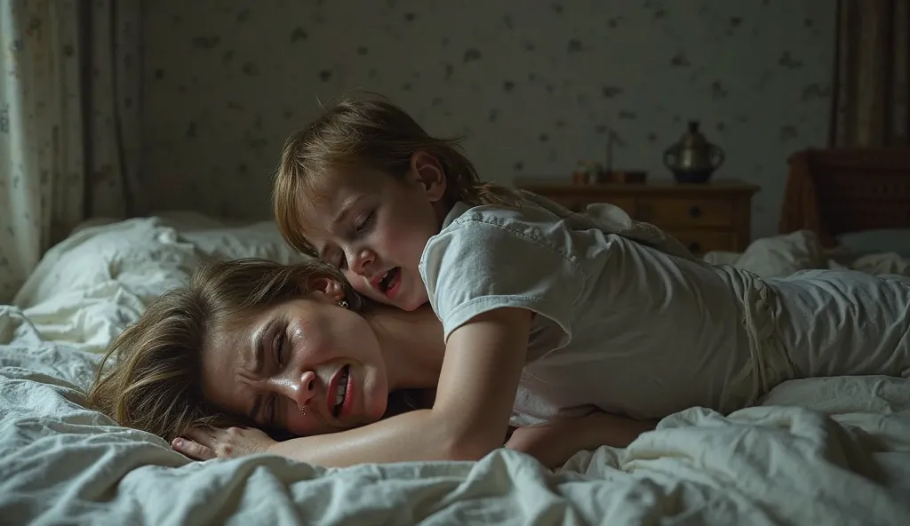 An English girl in her 30s is lying on the bed in the shape of a horse, crying, with her  son sitting on her back.