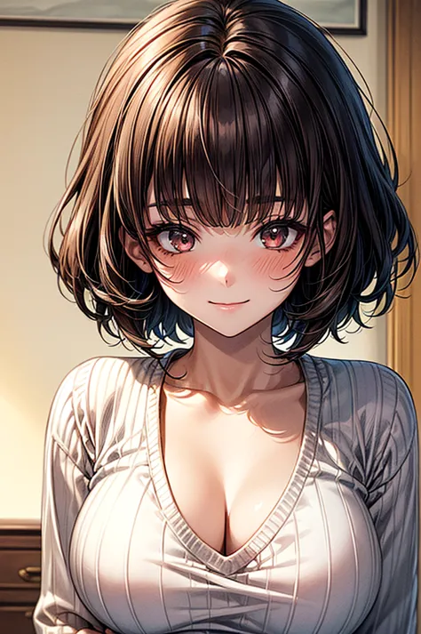 Masterpiece, ((1 girl, Mature Women)), ((Best Quality)), (Ultra-detailed), Highly detailed, ((Big Breasts)), ((Close up)), Perfect Lighting, Perfect background, ((Short Hair, Straight Hair, Black hair, Brown eyes, Blunt bangs, Sweep bangs)), ((39-years-old...