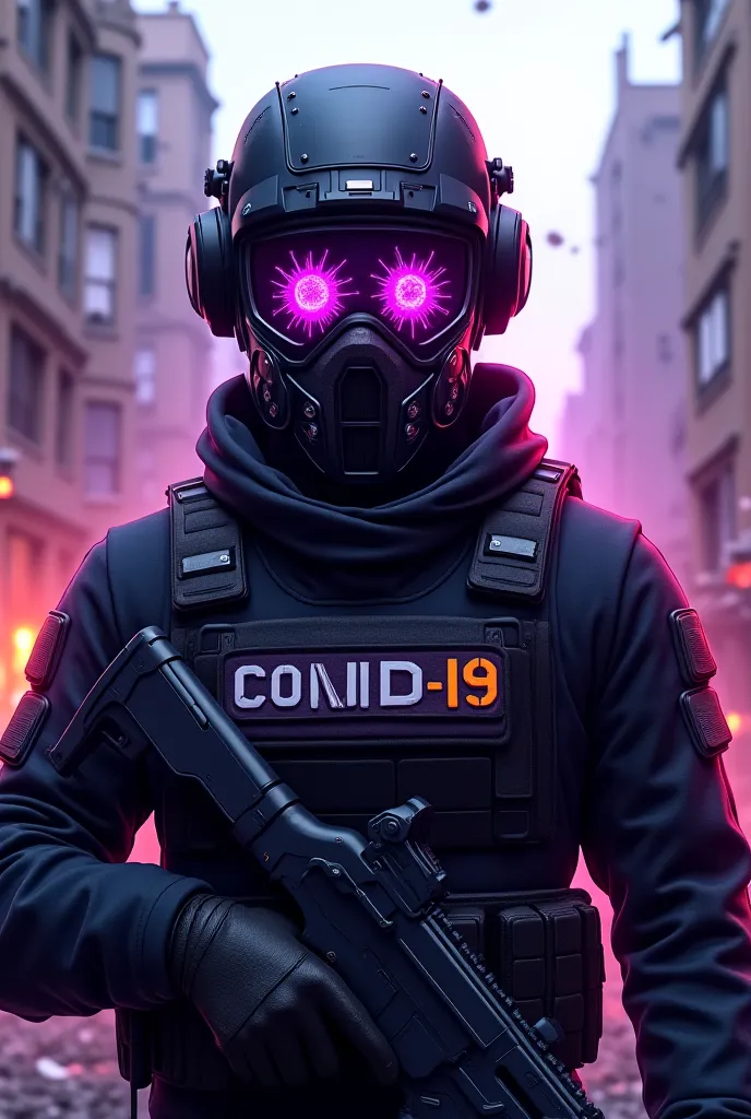 "Create a powerful and dynamic image that combines the universe of Counter-Strike 2 with the name 'CORONAVIRUS'. Imagine a futuristic-looking character, screen of a first-person shooter,  wearing a military combat suit , but wearing a stylized protective m...