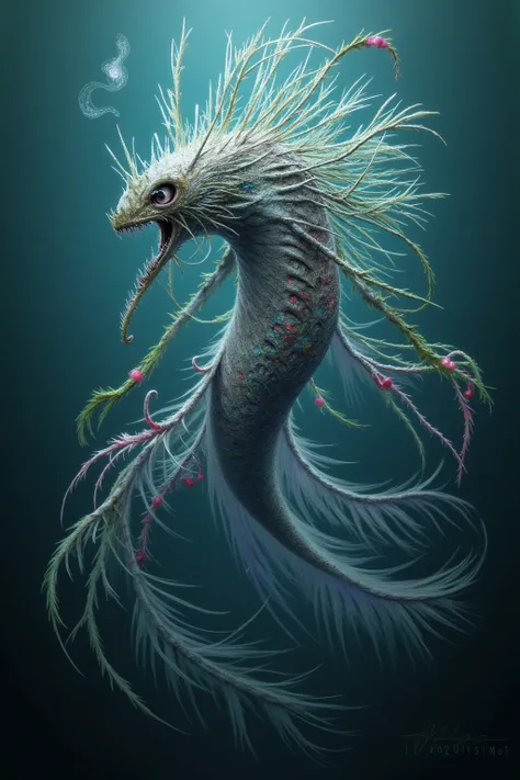 an eldritch fish woman f extreme beauty, extremely colorful,  many delicate fins, spines, large eyes, murder maw, sharp claws, lovely underwater terror