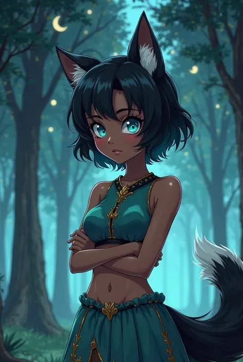  Background a fantasy forest, night,Dark-skinned girl with short black hair with tufts of cyan hair, cyan eyes, with wolf's ears and tail, with folded arms , denying ,wearing a teal crop top with gold details,a skirt with golden details up to the ankles, o...