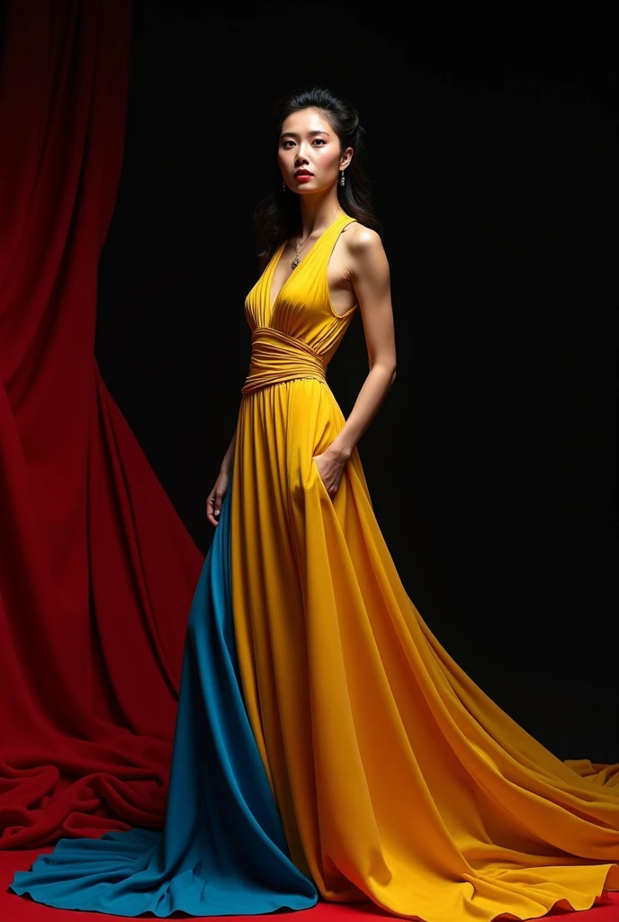 Woman in yellow blue dress on black red background