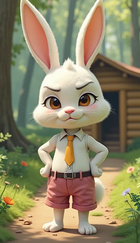 "Koko,anthropomorphic male rabbit (human-like),with clean white fur, cute but his face looks grumpy. Has a serious expression with slightly puckered eyebrows, big sharp eyes, and pouty little mouth. His body is proportioned like a human, wearing a sleevele...