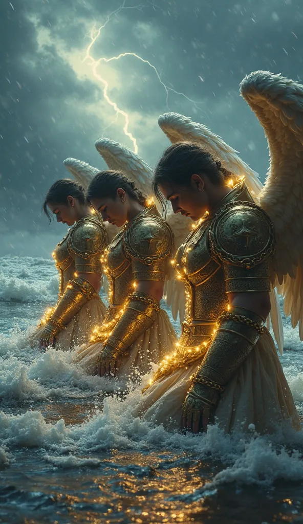 **Cinematic Prompt:**  

*"A deeply sorrowful and powerful scene unfolds in the midst of a violent, storm-tossed river, where four angelic warriors kneel, their celestial armor gleaming faintly under the stormy sky. Bound by ancient, glowing chains, their ...