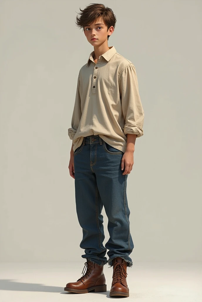 Skinny boy wearing Dark blue baggy jeans with brown boots and full shirt

