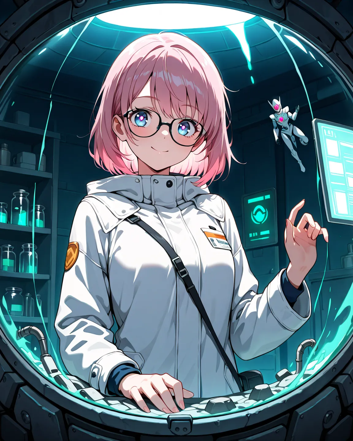 ((((  masterpiece)))), (((( top quality)))),  High Resolution,fine grain, detailed faces,1 girl,pink hair,short hair,sling,heart eye,capsuleを見る,smile, glows red,white coat,glasses,Laboratory,capsule,Stand in front,capsuleの中はよく見えない,capsuleの中からの視点,grow,spark...